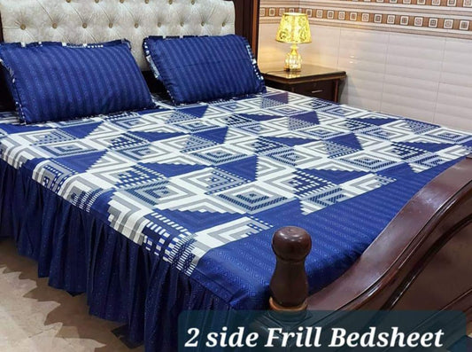 3 Piece Frill Bedsheet Set with 2-Sided Design - High Quality Cotton Salonica Fabric