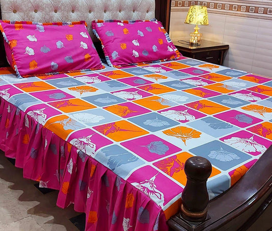 3 Piece Frill Bedsheet Set with 2-Sided Design - High Quality Cotton Salonica Fabric