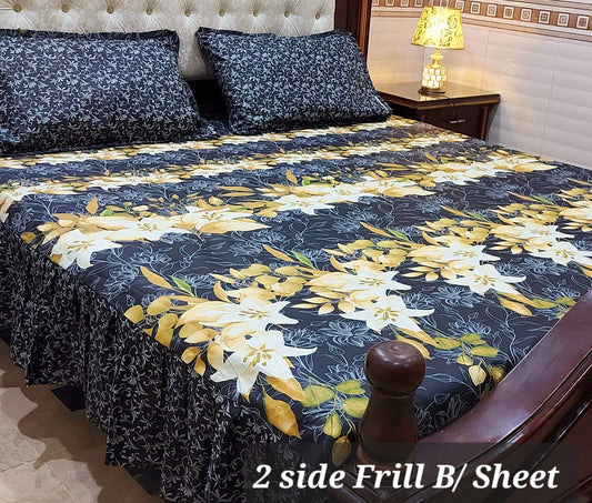 3 Piece Frill Bedsheet Set with 2-Sided Design - High Quality Cotton Salonica Fabric