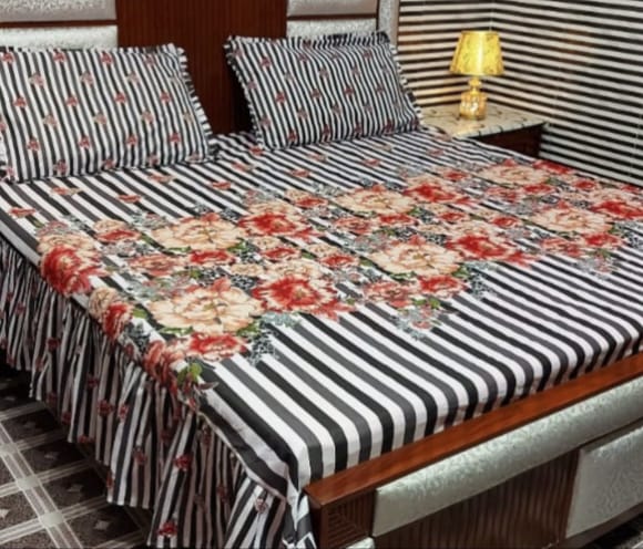 3 Piece Frill Bedsheet Set with 2-Sided Design - High Quality Cotton Salonica Fabric