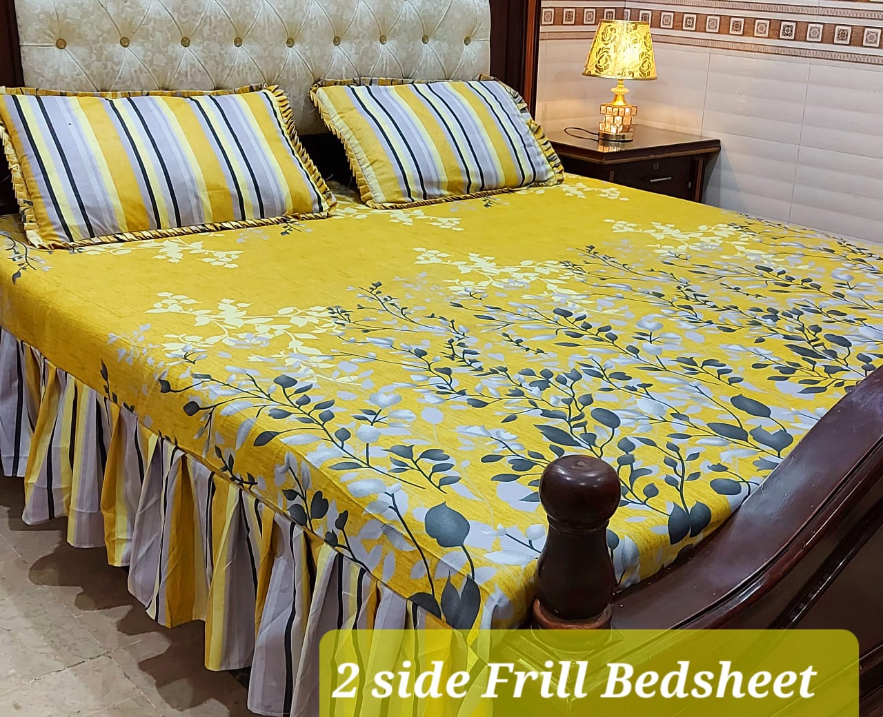 3 Piece Frill Bedsheet Set with 2-Sided Design - High Quality Cotton Salonica Fabric