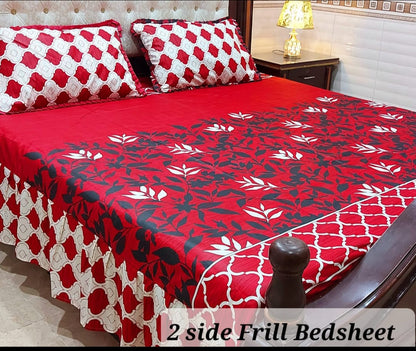 3 Piece Frill Bedsheet Set with 2-Sided Design - High Quality Cotton Salonica Fabric