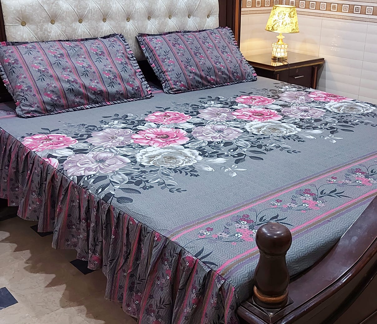 3 Piece Frill Bedsheet Set with 2-Sided Design - High Quality Cotton Salonica Fabric