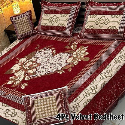 4 Piece Premium Velvet Jacquard Bedsheet Set