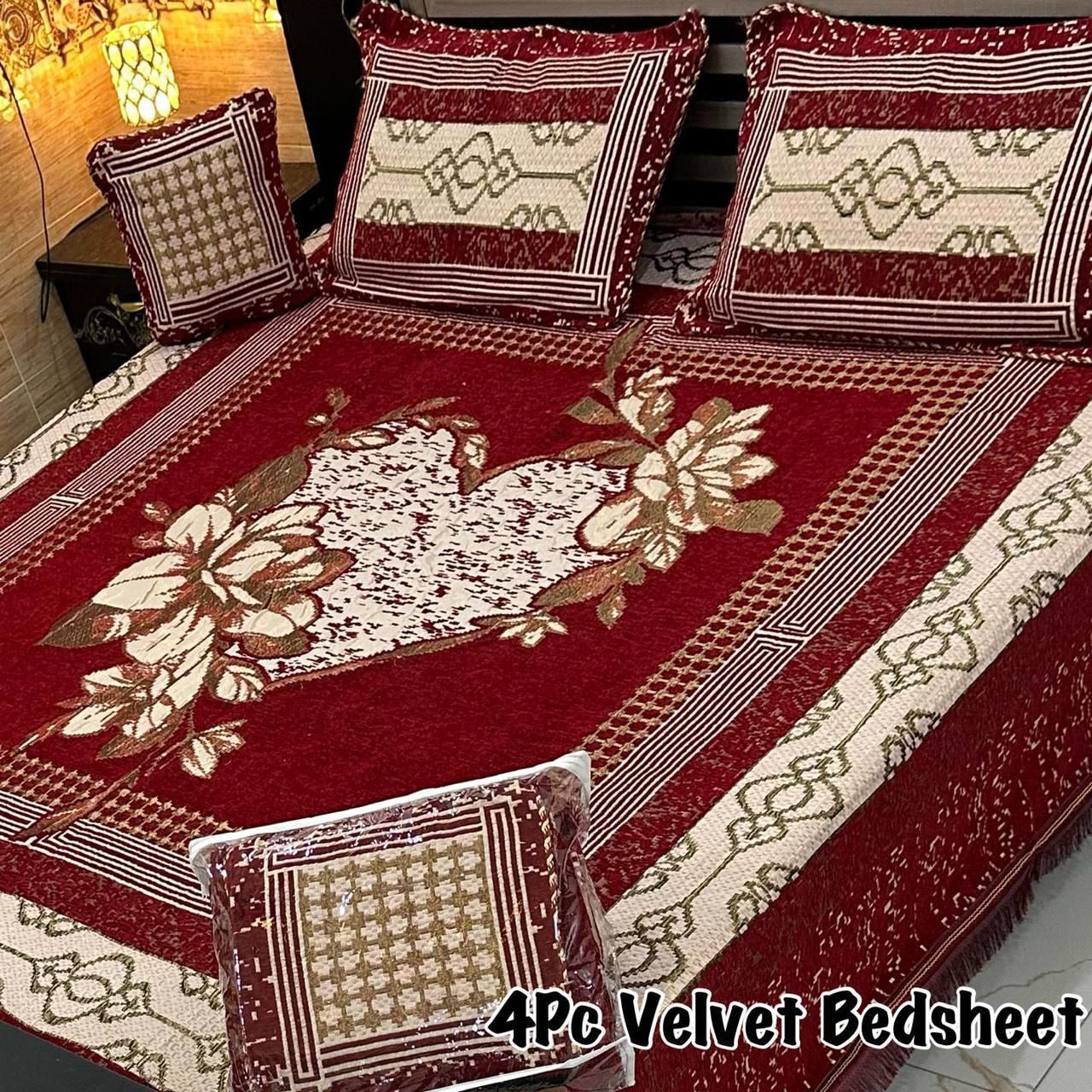 4 Piece Premium Velvet Jacquard Bedsheet Set